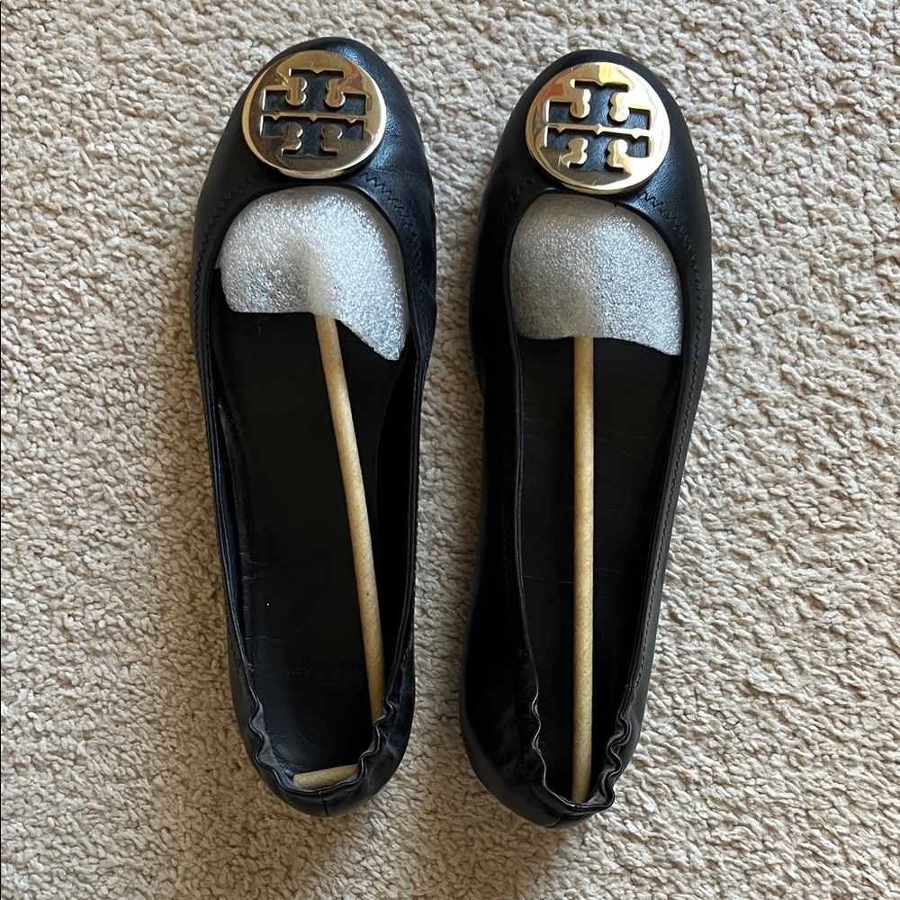Tory Burch Black Reva Flats with Gold Logo